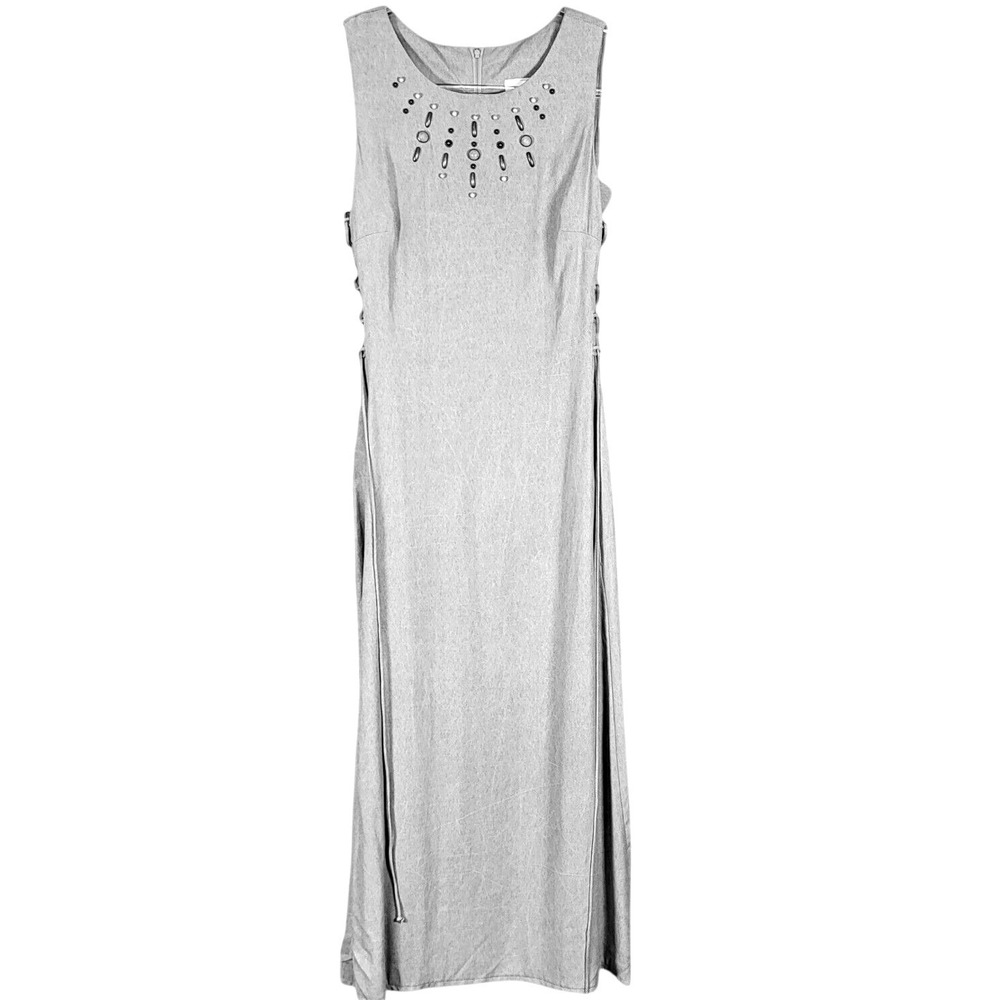 Gantos Maxi Dress Women 14 Beaded Neck Lace Up Sides Sleeveless Sand Vintage USA